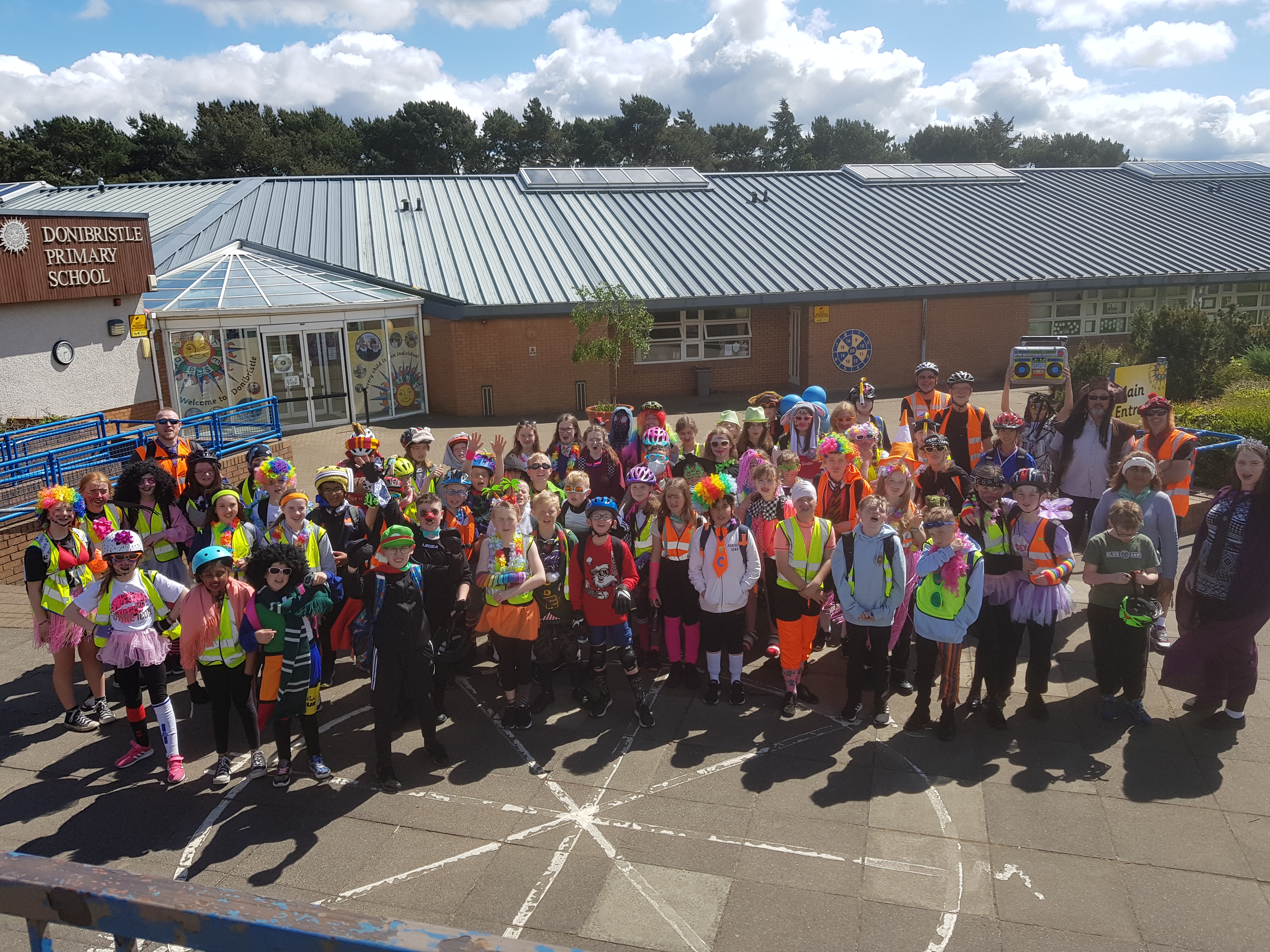 Donibristle Primary School pupils outside in fancy dress after a cycle to Aberdour and back
